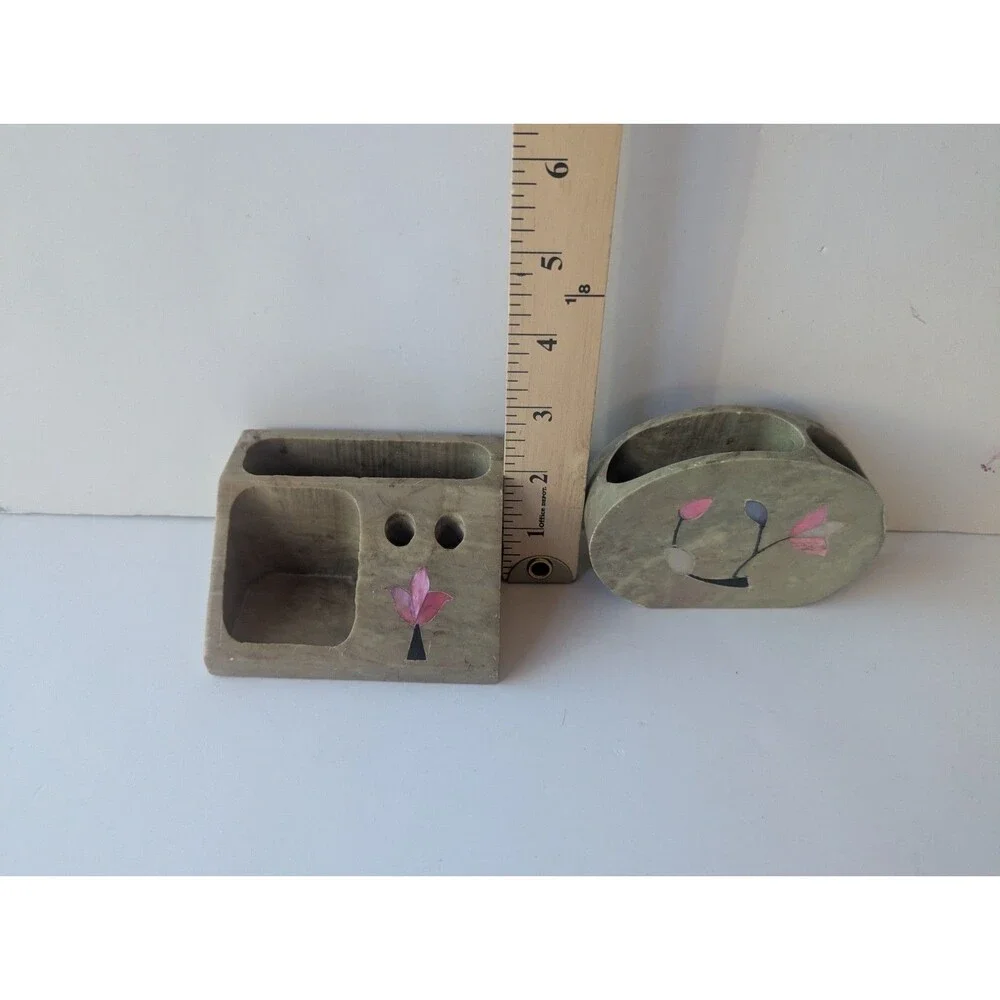 Vtg Soapstone Set Of 2  Decorative Desk Pen & Business Card Holder Hand Carved